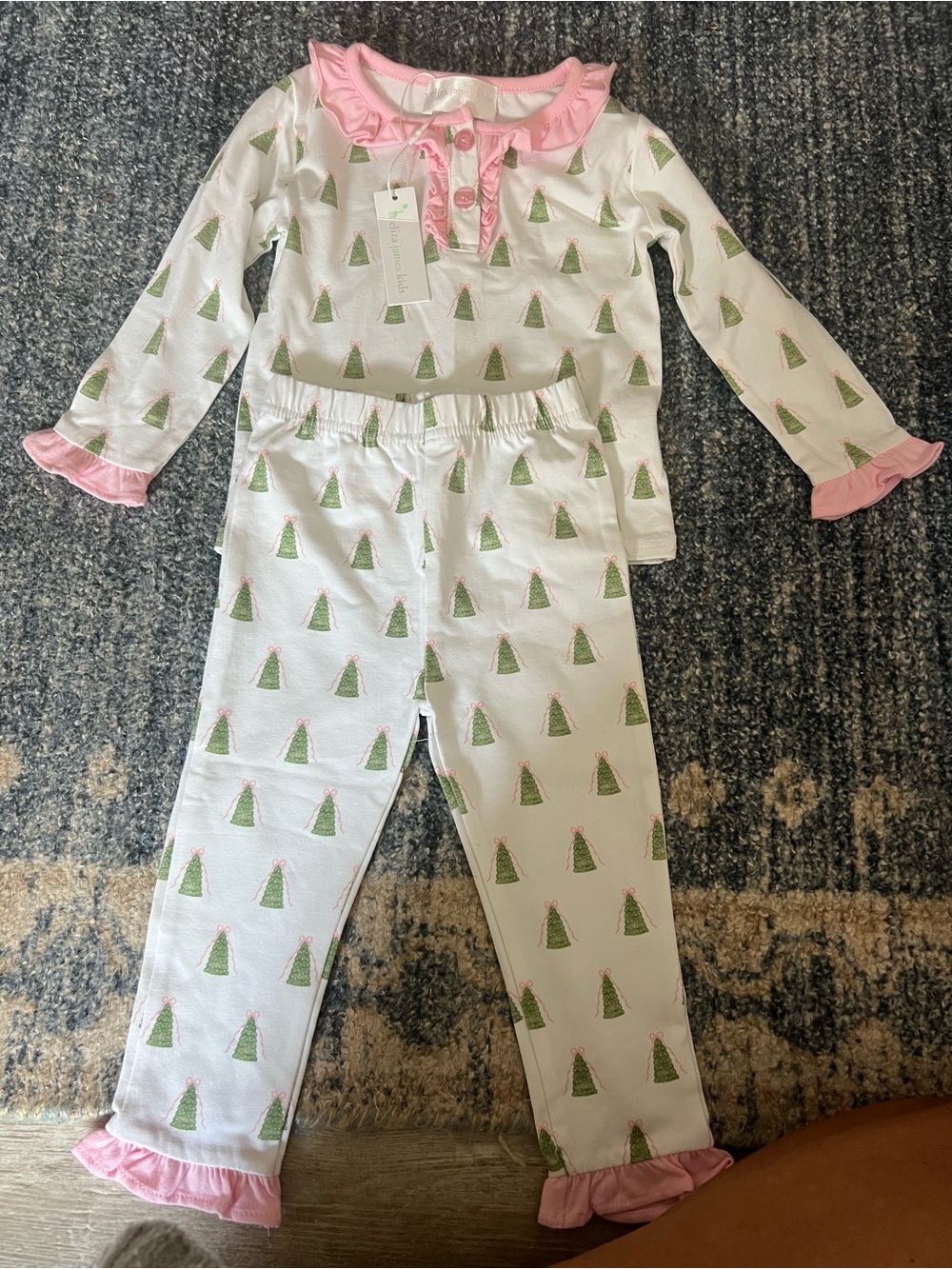 Girls White and Pink Christmas Tree Pajama Set